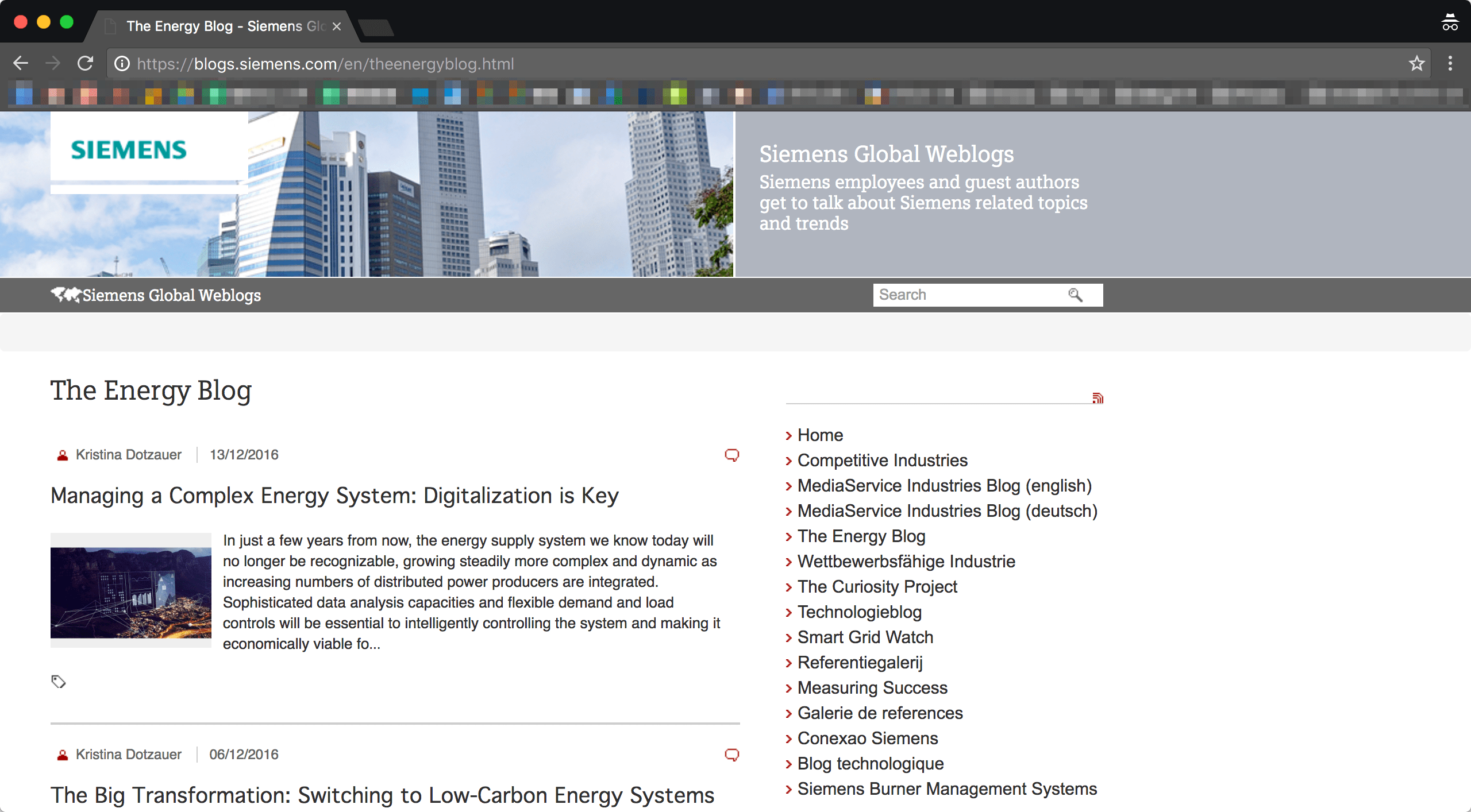 Siemens Global Weblogsのサイトトップの画像