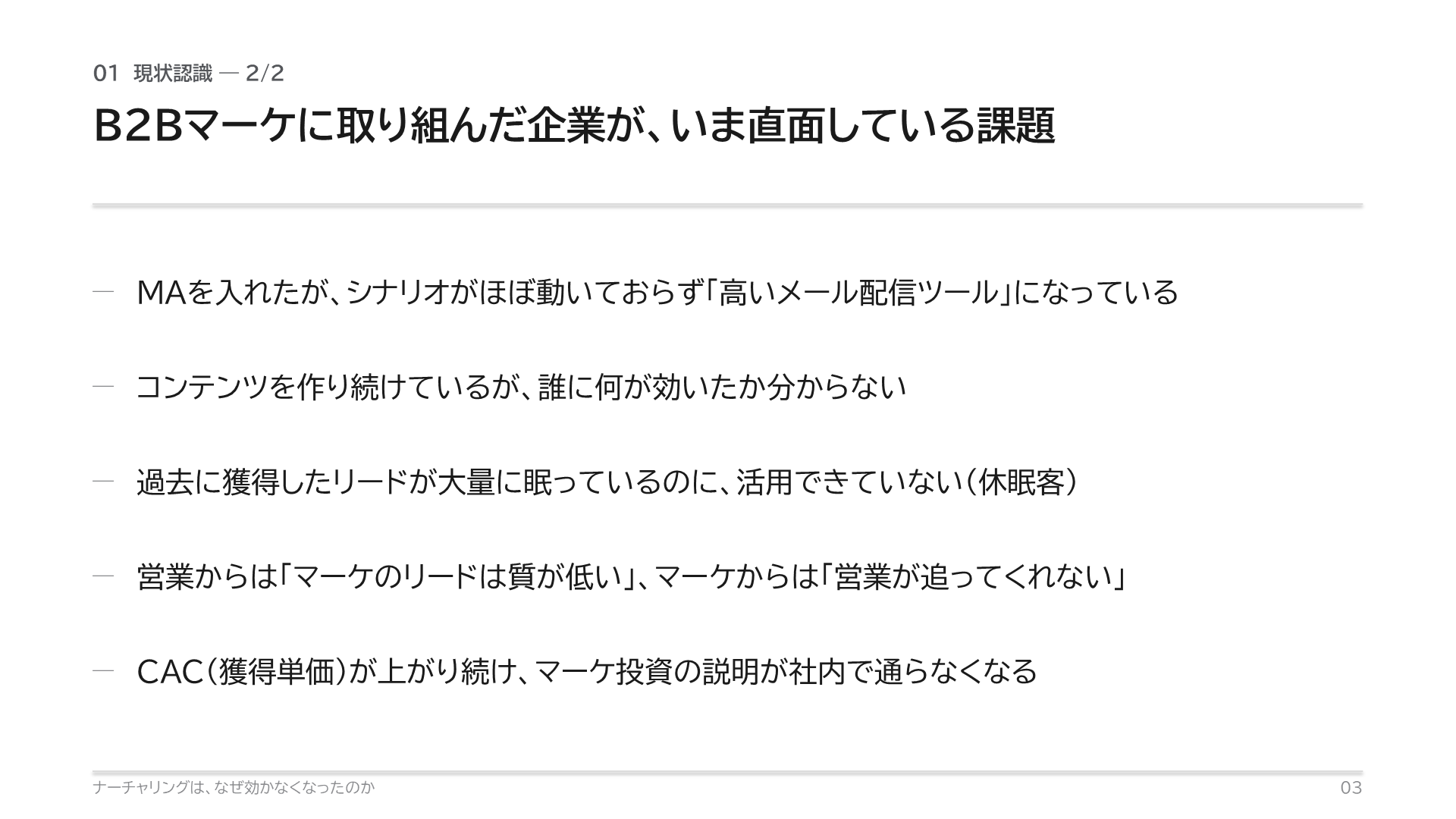 現状認識2/2:MAが高いメール配信ツールになっている、コンテンツを惰性で作り続けている、休眠リードが活用できていない、営業からリードの質に文句を言われる、リード獲得単価が上がり続ける