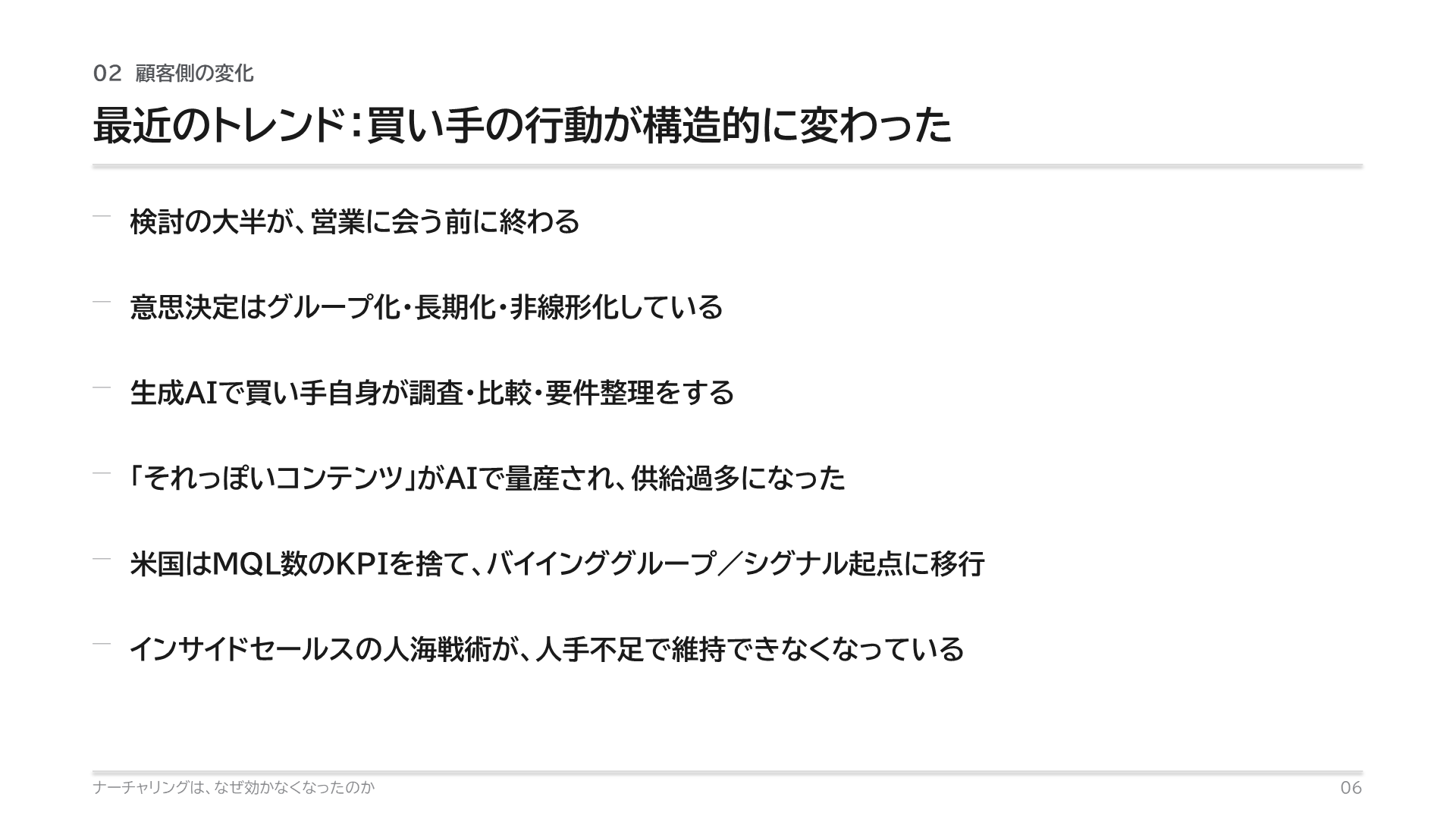 顧客側の変化:検討の大半が営業に会う前に終わる、意思決定はグループ化・長期化・非線形化、生成AIで買い手自身が調査・比較・要件整理をする、コンテンツが供給過多になる