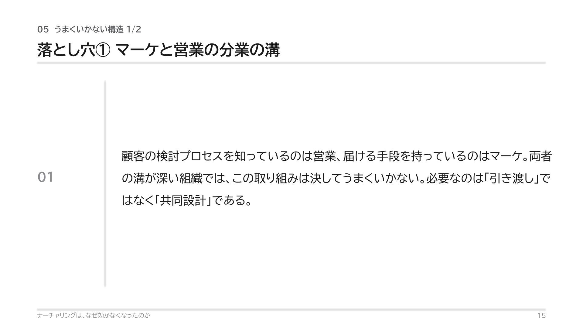 落とし穴：マーケと営業の分業の溝。顧客の検討プロセスを知っているのは営業、届ける手段を持っているのはマーケ。必要なのは「引き渡し」ではなく「共同設計」